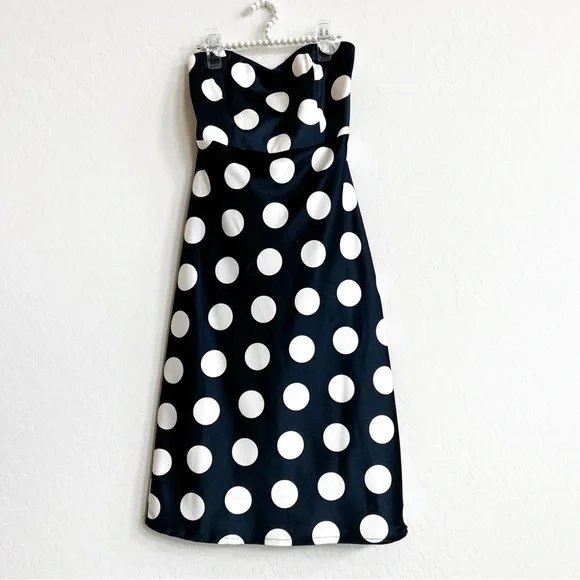 Bardot Women's Satin Polka Dot Strapless Dress Sweetheart Navy Tie Back 4/XS - Picture 2 of 6